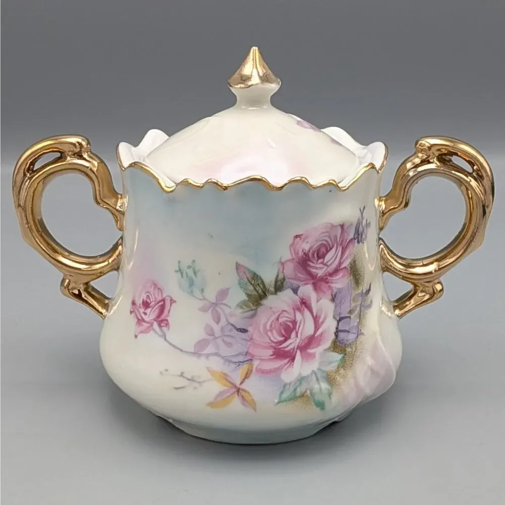 Vintage Lefton China Pink Rose Tea Set Teapot 6570 Sugar Creamer 6571 Gold Gilt